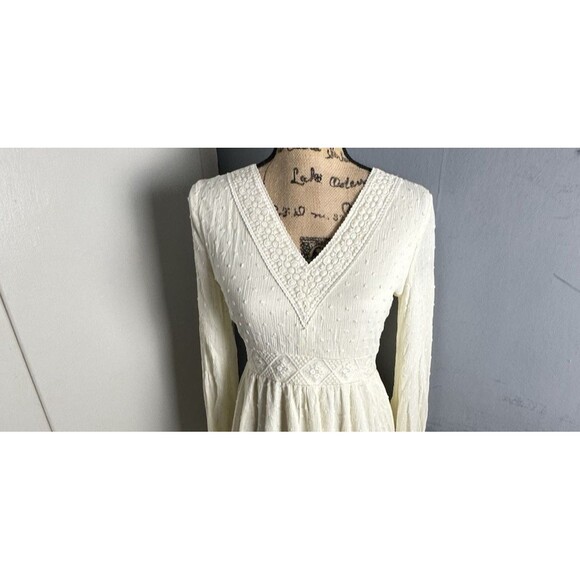 Women's XS French Dot Ivory Dress Empire Waist Lined Sheer Sleeves Flirty Party - Picture 7 of 12